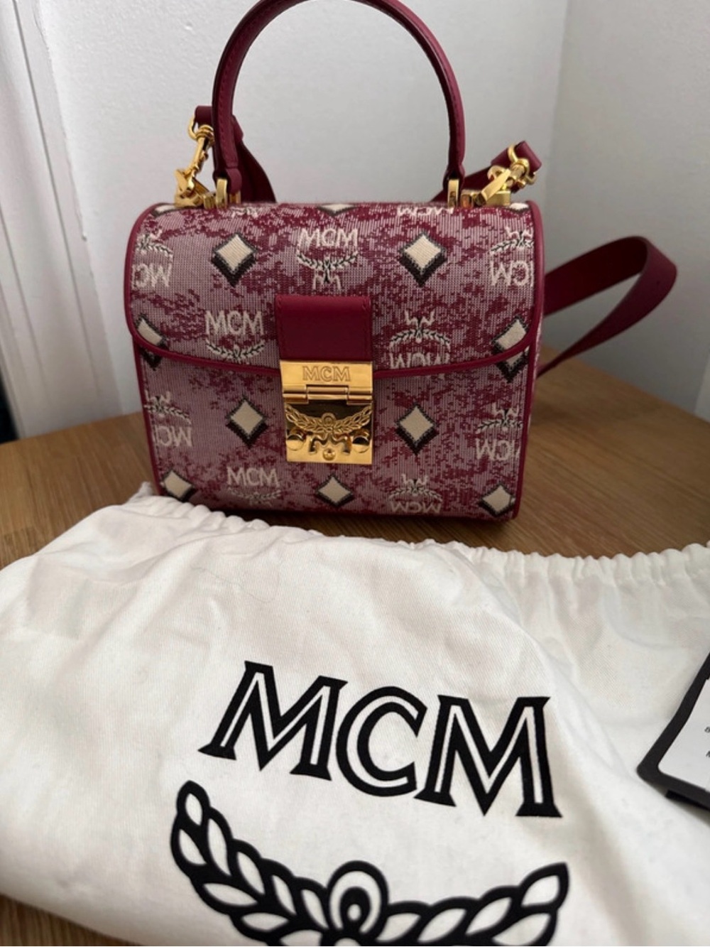 MCM Top Handle Crossbody Bag in Raspberry Jacquard